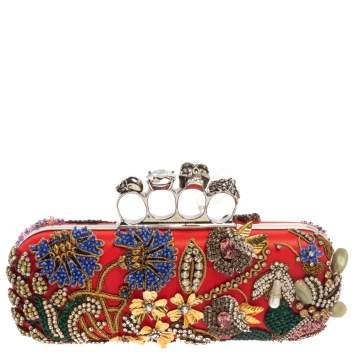 Pre Owned Alexander McQueen Multicolor Garden Embellished Leather Skull Knuckle Clutch