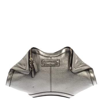 Pre Owned Alexander McQueen Metallic Silver Leather Small De Manta Clutch