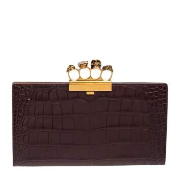 Pre Owned Alexander McQueen Burgundy Croc Embossed Leather Skull Knuckle Flat Clutch 