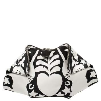 Pre Owned Alexander McQueen Black/White Printed Satin and Leather Medium De Manta Clutch