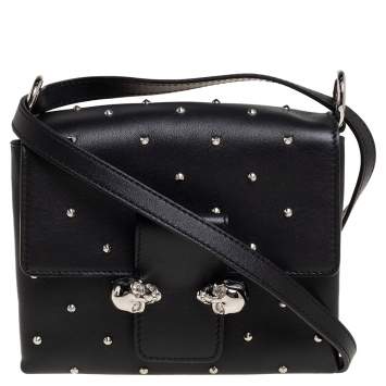 Pre Owned Alexander McQueen Black Leather Twin Skull Studded Crossbody Bag