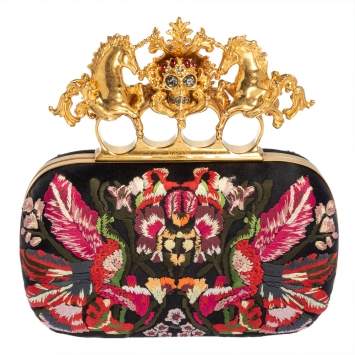 Pre Owned Alexander McQueen Black Satin Floral Embroidered Skull and Unicorn Knuckle Clutch