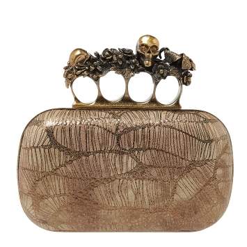 Pre Owned Alexander McQueen Metallic Gold/Beige Leather Skull Knuckle Box Clutch