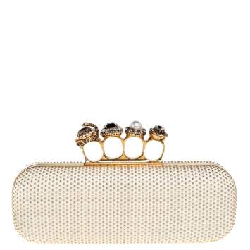 Pre Owned Alexander McQueen White Leather Studded Four Ring Knuckle Clutch 