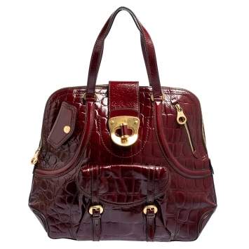 Pre Owned Alexander McQueen Burgundy Croc Embossed Patent Leather Novak Bag