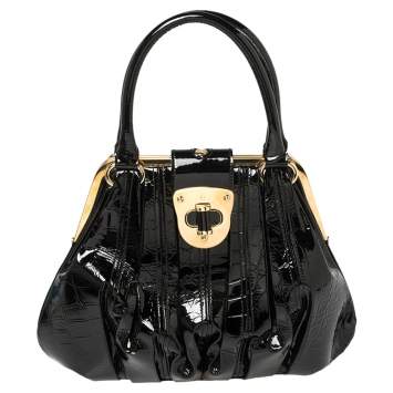 Pre Owned Alexander McQueen Black Croc Embossed Patent Leather Elvie Bag