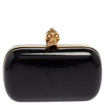 Pre Owned Alexander McQueen Black Patent Leather Skull Box Clutch