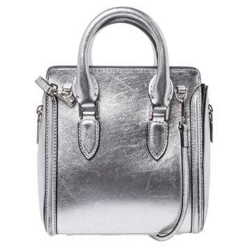 Pre Owned Alexander McQueen Metallic Silver Leather Mini Heroine Bag