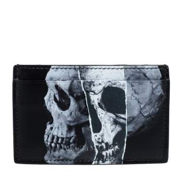 Pre Owned Alexander McQueen Black Leather Skull Print Card Holder