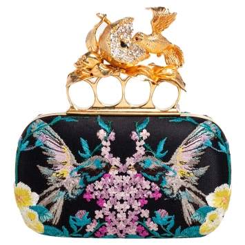 Pre Owned Alexander McQueen Multicolor Silk Embroidered Hummingbird Knuckle Duster Clutch