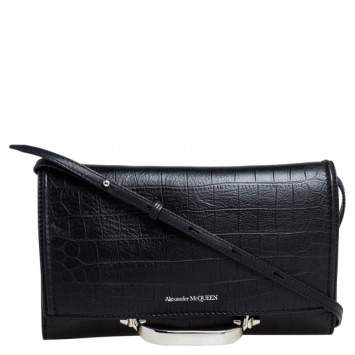 Pre Owned Alexander McQueen Black Croc Embossed Leather The Story Shoulder Bag