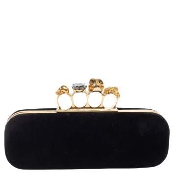 Pre Owned Alexander McQueen Black Velvet Skull Knuckle Box Clutch