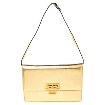 Pre Owned Alexander McQueen Metallic Gold Leather Crystal Embellished Flap Clutch Bag