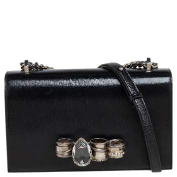 Pre Owned Alexander McQueen Black Patent Leather 4 Ring Flap Shoulder Bag