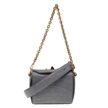 Pre Owned Alexander McQueen Grey Croc Embossed Leather Box Shoulder Bag