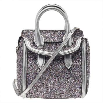 Pre Owned Alexander McQueen Silver Glitter And Leather Heroine Satchel