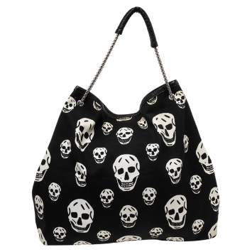 Pre Owned Alexander McQueen Black Skull Print Canvas Tote