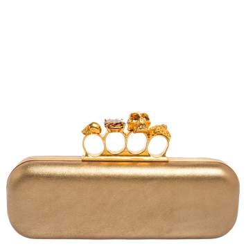Pre Owned Alexander McQueen Metallic Gold Leather Skull Knuckle Box Clutch