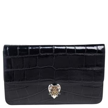 Pre Owned Alexander McQueen Black Crocodile Embossed Leather Heart Lock Clutch