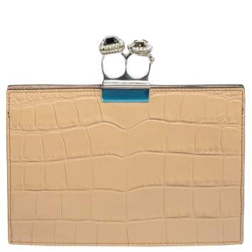 Pre Owned Alexander McQueen Beige/Black Croc Embossed Leather Two Ring Clutch
