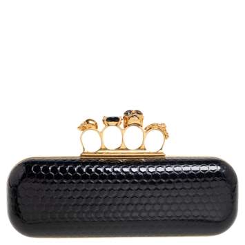 Pre Owned Alexander McQueen Black Patent Leather Skull Knuckle Box Clutch