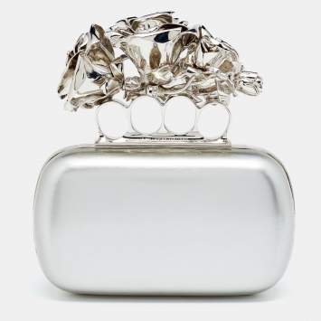 Pre Owned Alexander McQueen Grey Patent Leather Rose Knuckle Duster Box Clutch