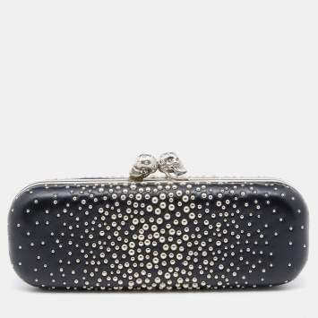 Pre Owned Alexander McQueen Black Studded Leather Kiss Lock Skull Clutch 