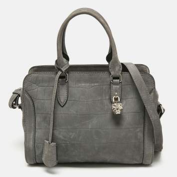 Pre Owned Alexander McQueen Grey Nubuck Leather Skull Padlock Tote