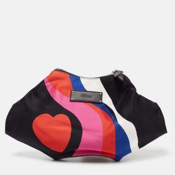 Pre Owned Alexander McQueen Black Heart Print Satin And Leather Medium De Manta Clutch