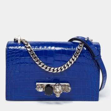 Pre Owned Alexander McQueen Blue Croc Embossed Leather Jewelled Shoulder Bag