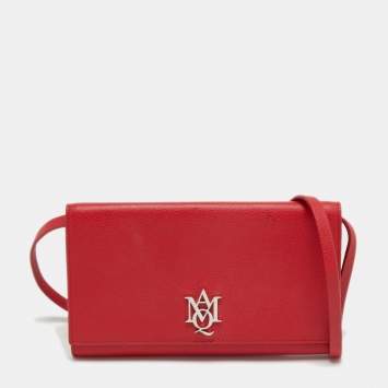 Pre Owned Alexander McQueen Red Leather Logo Shoulder Bag