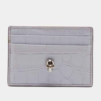 Pre Owned Alexander McQueen Lilac Crocodile Embossed Leather Skull Card Holder