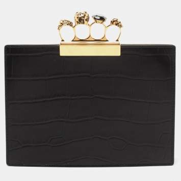 Pre Owned Alexander McQueen Black Embossed Croc Leather Skull Knuckle Duster Clutch