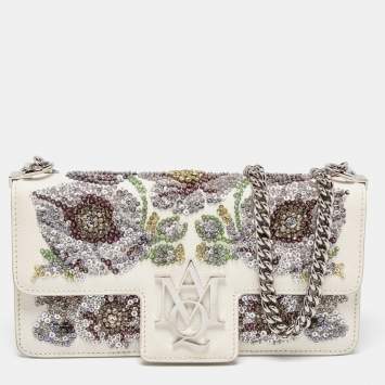 Pre Owned Alexander McQueen White Leather Embellished Insignia Chain Bag
