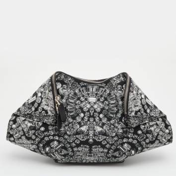 Pre Owned Alexander McQueen Black Satin and Leather Jewel Printed Large De Manta Clutch