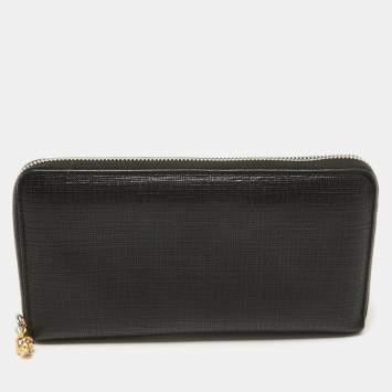 Pre Owned Alexander McQueen Black Leather Zip Around Skull Wallet