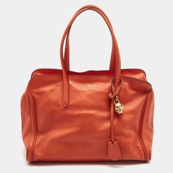 Pre Owned Alexander Mcqueen Orange Leather Large Skull Padlock Tote