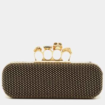 Pre Owned Alexander McQueen Black Suede Studded Skull Knuckle Box Clutch
