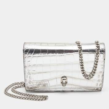 Pre Owned Alexander McQueen Silver Croc Embossed Leather Small Skull Shoulder Bag 