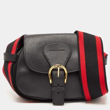 Pre Owned Alexander McQueen Black/Red Leather Buckle Flap Crossbody Bag 