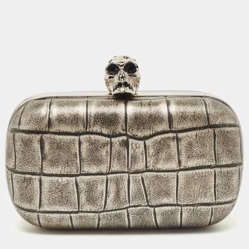 Pre Owned Alexander McQueen Grey/Black Croc Embossed Leather Skull Box Clutch