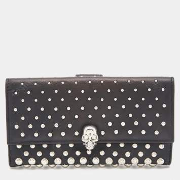 Pre Owned Alexander McQueen Black Leather Studded Skull French Wallet