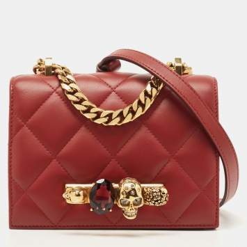 Pre Owned Alexander McQueen Burgundy Leather Jeweled Shoulder Bag