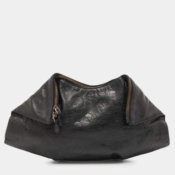 Pre Owned Alexander McQueen Black Skull Embossed Leather Medium De Manta Clutch
