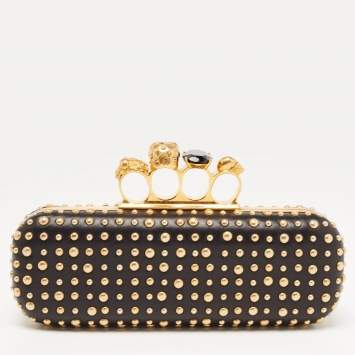 Pre Owned Alexander McQueen Black/Gold Leather Studded Four Ring Knuckle Clutch 