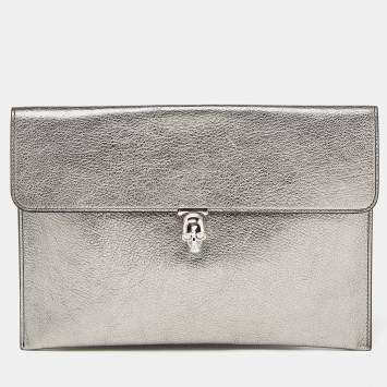 Pre Owned Alexander Mcqueen Silver Leather Skull Zip Pouch