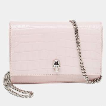 Pre Owned Alexander McQueen Pink Croc Embossed Leather Small Skull Shoulder Bag