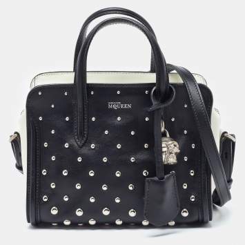 Pre Owned Alexander McQueen Black/White Studded Leather Mini Skull Padlock Zip Tote