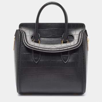 Pre Owned Alexander McQueen Black Croc Embossed Leather Heroine Bag