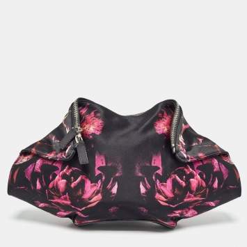 Pre Owned Alexander McQueen Black/Magenta Floral Print Satin De Manta Clutch